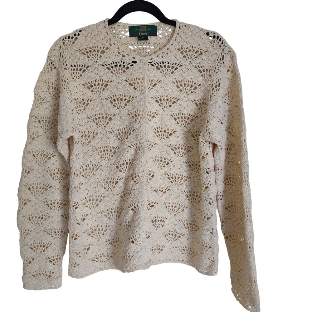 Orvis Silk Cotton Crochet Women Cardigan Sweater Cream Open Knit M Coastal Boho